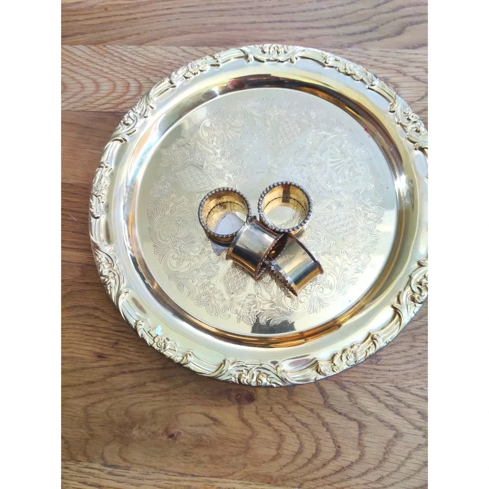 Vintage Gold Tone Round Etched Serving Tray and Beaded Napkin Rings Set of 5